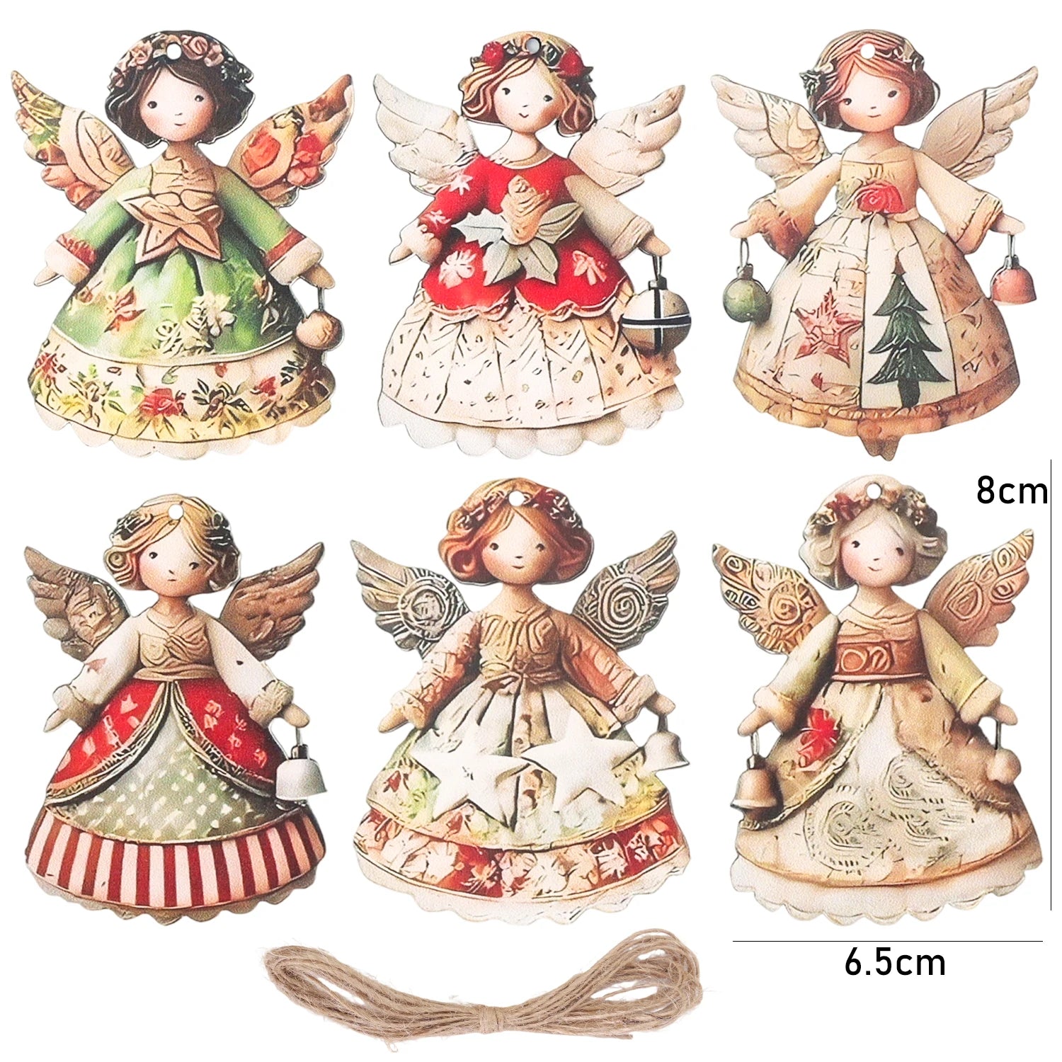 Colgantes de madera con diseño de ángel navideño – Set de 6 unidades