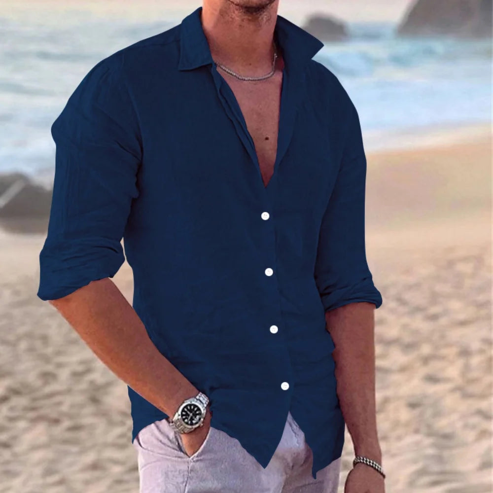 Camisa para hombre de algodón y lino, estilo informal, cuello polo,