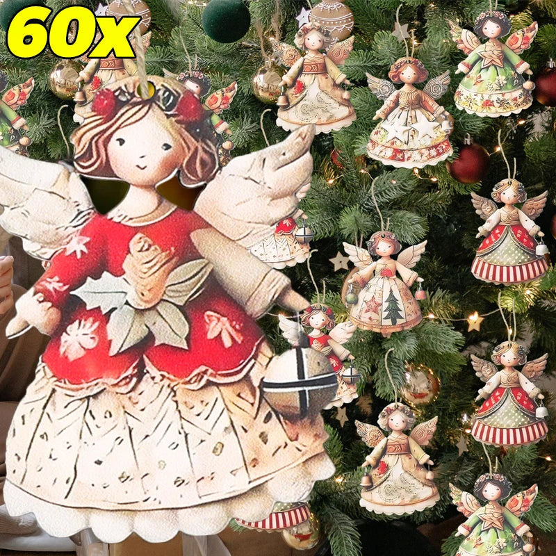 Colgantes de madera con diseño de ángel navideño – Set de 6 unidades