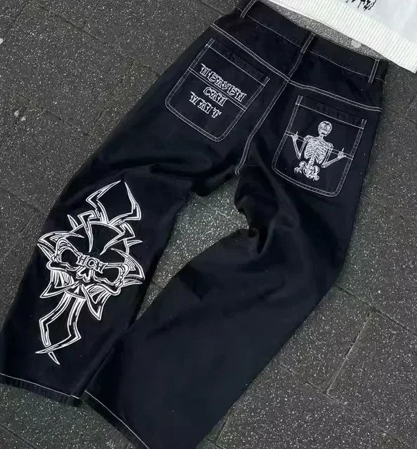 Pantalones vaqueros holgados de tiro medio y pierna ancha con lentejuelas y estrellas de American Streetwear Y2K para hombre y mujer