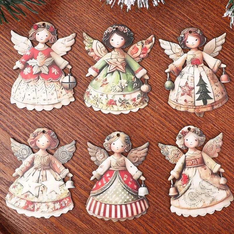 Colgantes de madera con diseño de ángel navideño – Set de 6 unidades