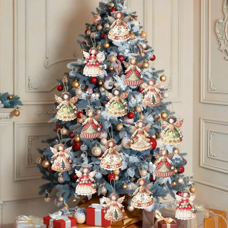 Colgantes de madera con diseño de ángel navideño – Set de 6 unidades