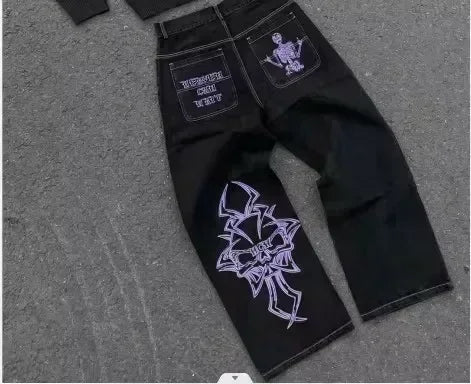 Pantalones vaqueros holgados de tiro medio y pierna ancha con lentejuelas y estrellas de American Streetwear Y2K para hombre y mujer