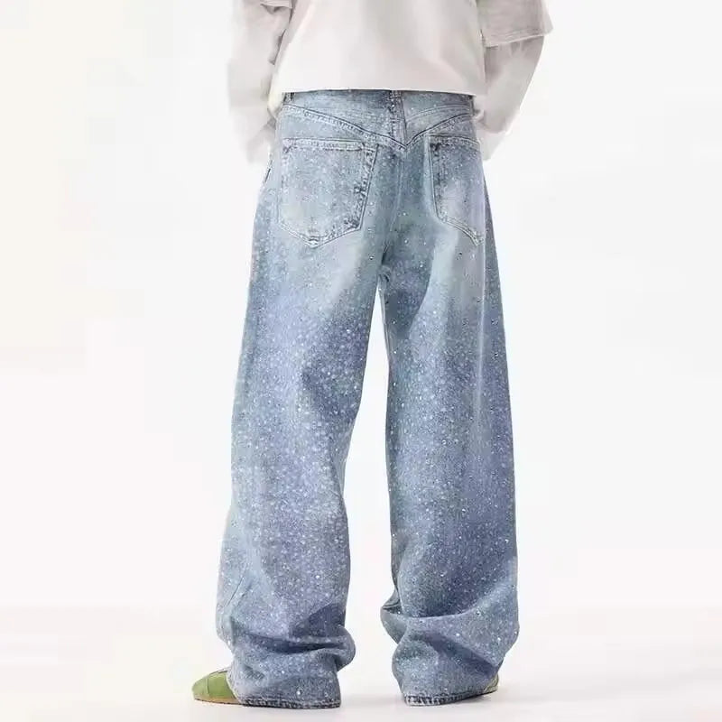 Pantalones vaqueros holgados de tiro medio y pierna ancha con lentejuelas y estrellas de American Streetwear Y2K para hombre y mujer