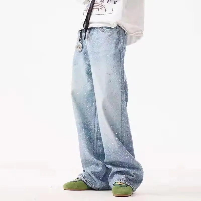Pantalones vaqueros holgados de tiro medio y pierna ancha con lentejuelas y estrellas de American Streetwear Y2K para hombre y mujer