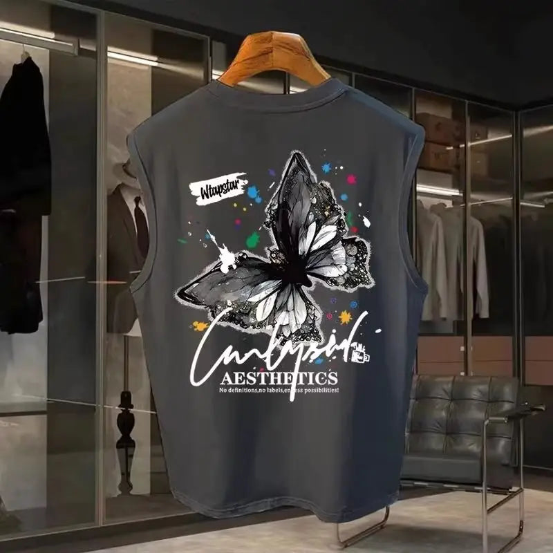 American Style Painted Butterfly Vest Men Summer Fashion Pure Cotton Printed Sleeveless Shirt