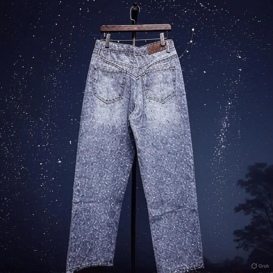 Pantalones vaqueros holgados de tiro medio y pierna ancha con lentejuelas y estrellas de American Streetwear Y2K para hombre y mujer