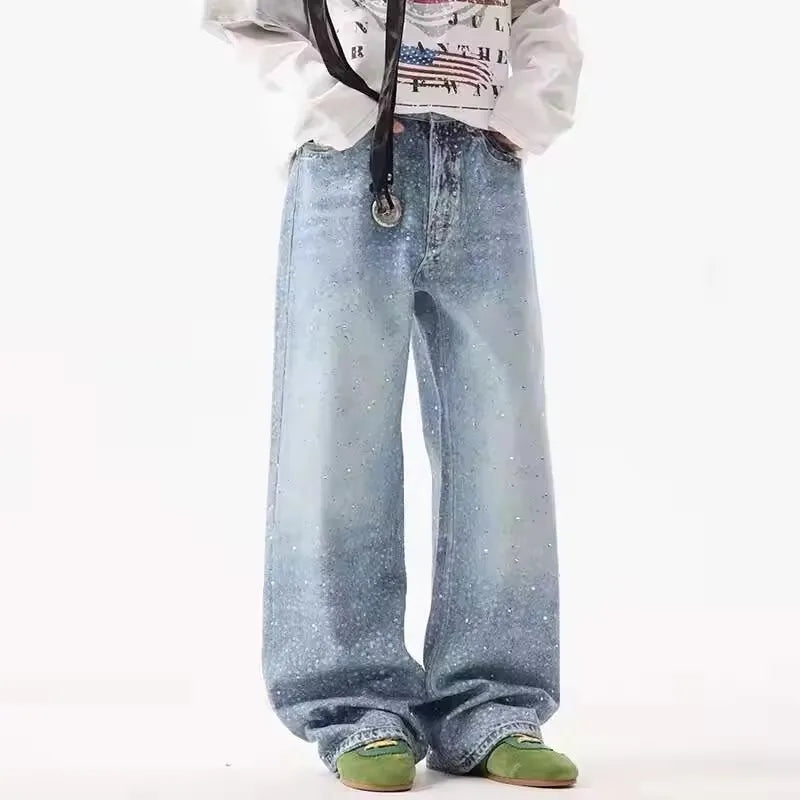 Pantalones vaqueros holgados de tiro medio y pierna ancha con lentejuelas y estrellas de American Streetwear Y2K para hombre y mujer