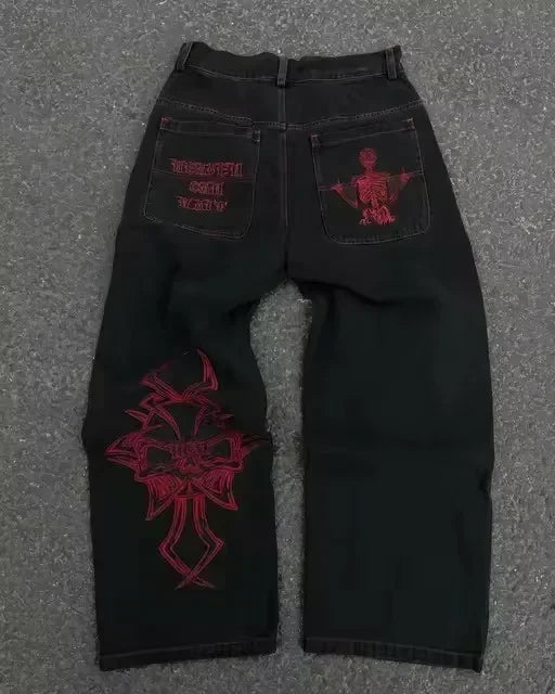 Pantalones vaqueros holgados de tiro medio y pierna ancha con lentejuelas y estrellas de American Streetwear Y2K para hombre y mujer