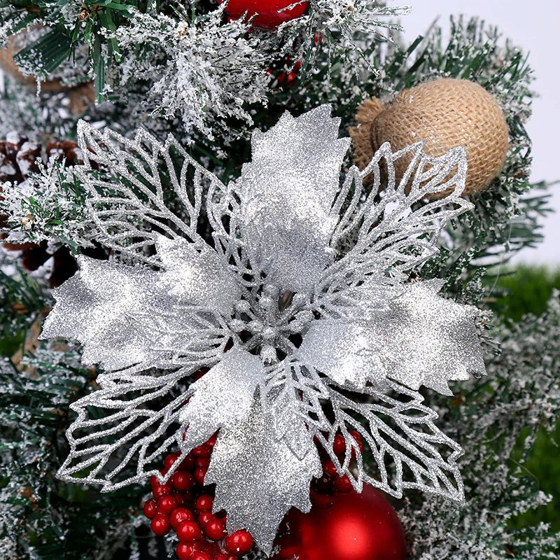 (10 piezas) Adornos artificiales de flores brillantes para árbol de Navidad, regalo de Año Nuevo