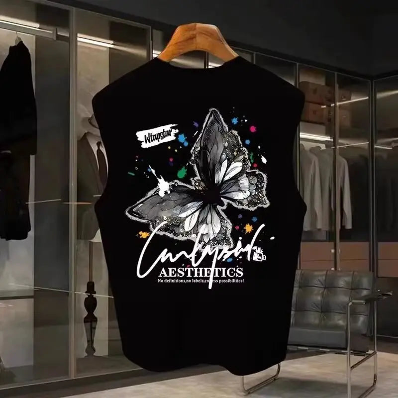 American Style Painted Butterfly Vest Men Summer Fashion Pure Cotton Printed Sleeveless Shirt