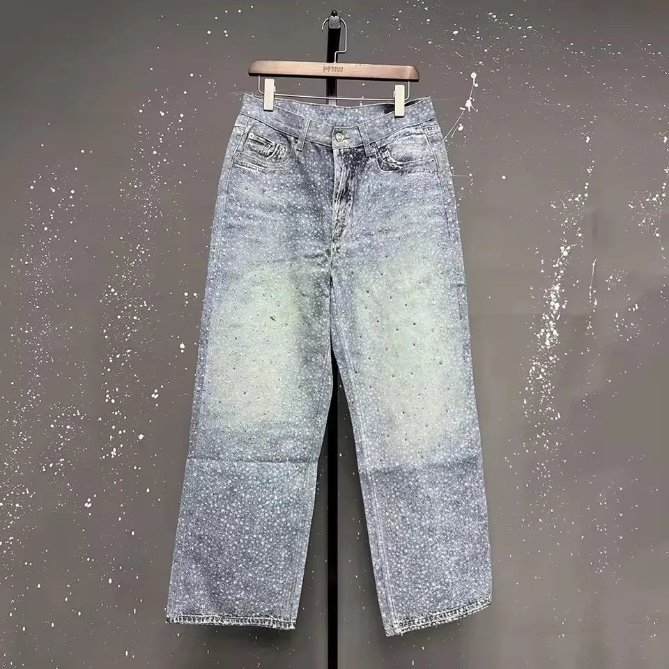 Pantalones vaqueros holgados de tiro medio y pierna ancha con lentejuelas y estrellas de American Streetwear Y2K para hombre y mujer