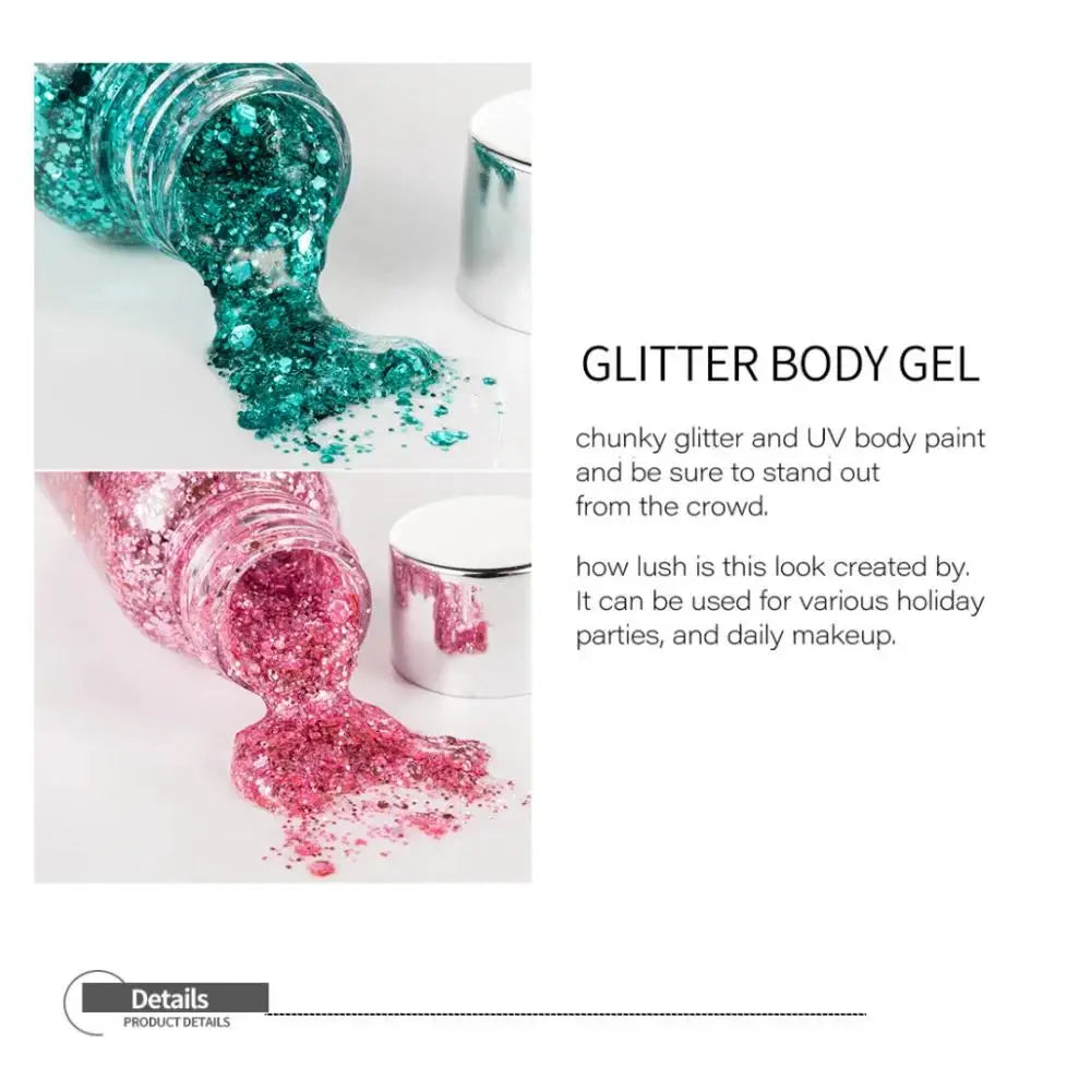 Gel multifuncional brillante para cuerpo y rostro, resistente al agua, para fiestas, uñas, arte capilar, lentejuelas brillantes, maquillaje para festivales.