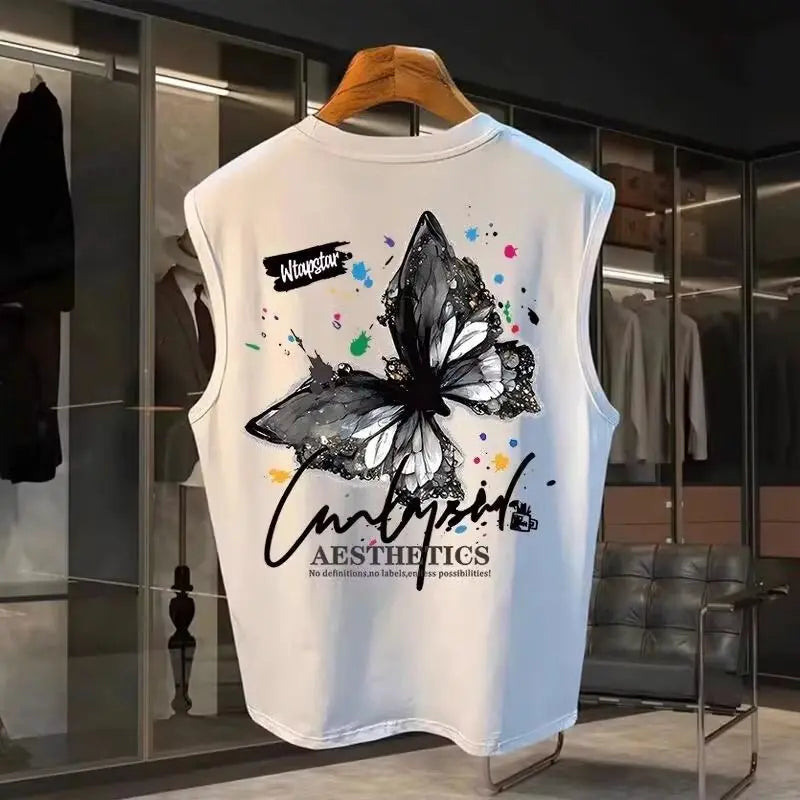 American Style Painted Butterfly Vest Men Summer Fashion Pure Cotton Printed Sleeveless Shirt